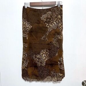Womens Y2K Brown Patchwork Mesh Midi Skirt Sz S Floral Sheer Layering Whimsigoth